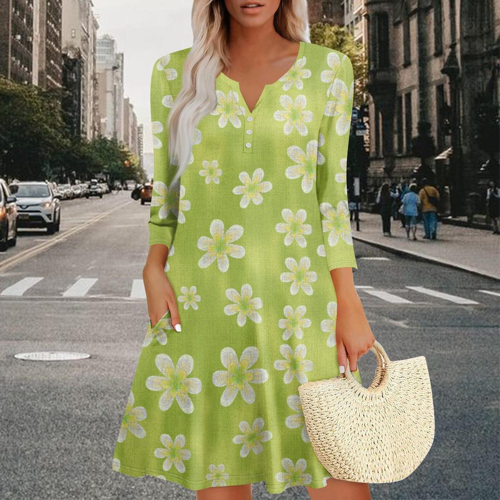 Women's Summer Dress Loose V Neck Three-quarter Sleeve Sundress With Pockets Dress