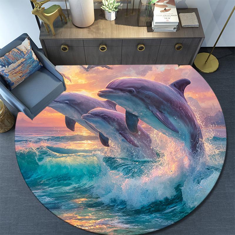 Dolphins Round Area Rug,Carpet Rug for Living Room Bedroom Sofa Playroom Decor,Non-slip Floor Mat