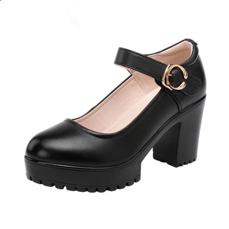 Women's High Heel Shoes Genuine Leather Pumps Platform Mary Jane Shoes Women Office Work Shoe Women's Wedding Shoes 32-43