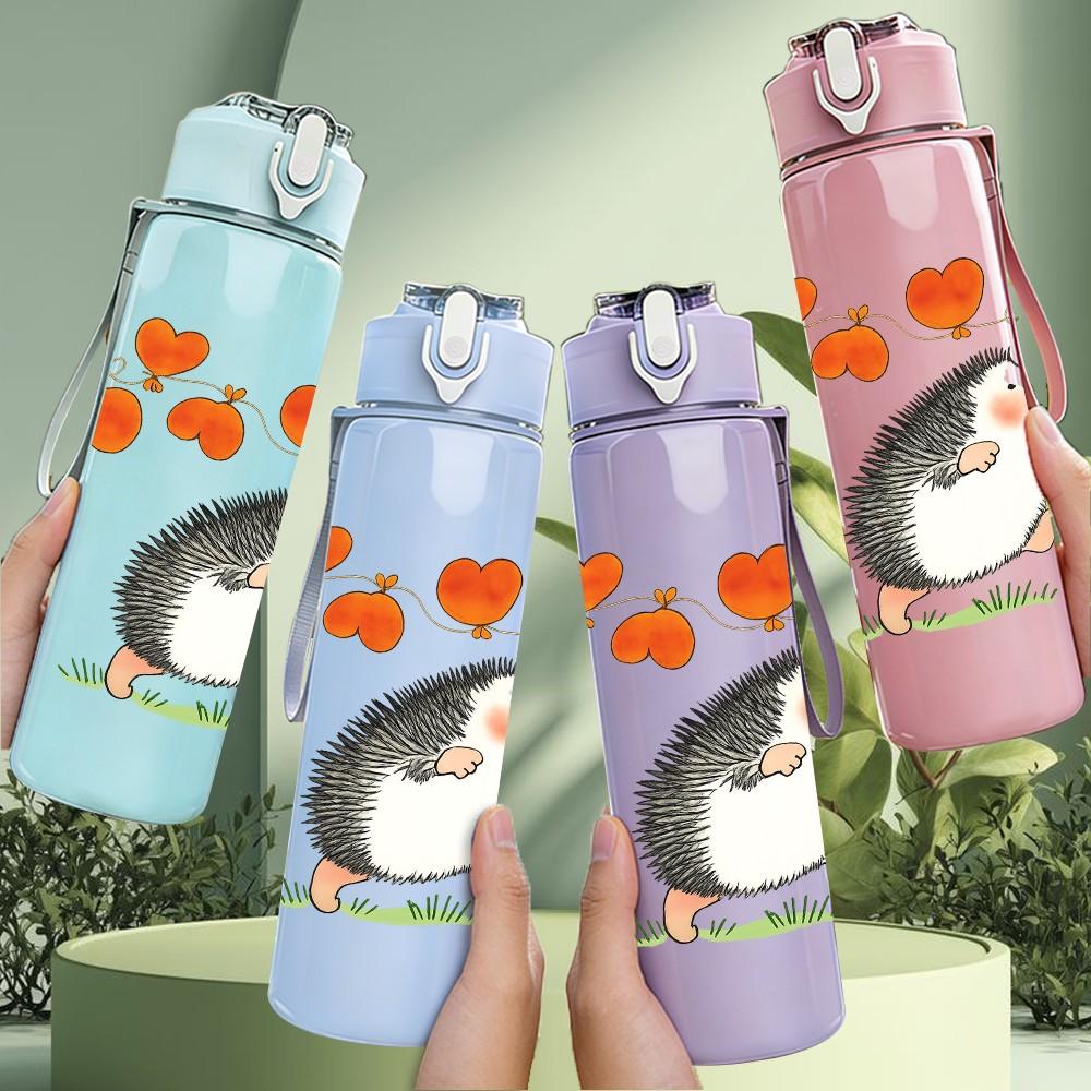 1PC Heart Hedgehog Pair 750ml Color Plastic Sports Water Bottle Leakproof Flip Straw Lid Suitable for Sports Office Home Use