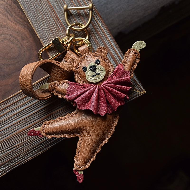 Ballet Bear Original Design Handmade Leather Car Key Bag Pendant Elegant Cute Gift Female Keychain