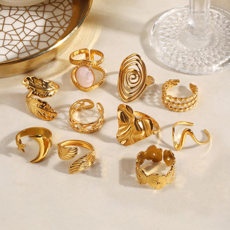 Stainless Steel Geometric Open Ring for Women Delicate Irregular Leaf Heart Wing Spiral Ring Casual Retro Versatile Jewelry Gift
