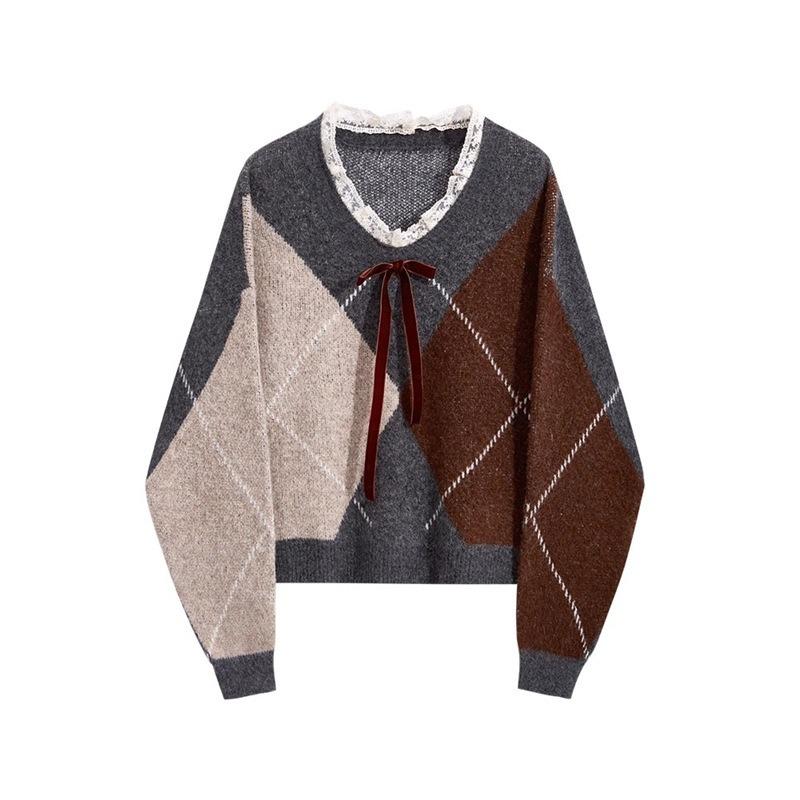 Lace splicing collar rhombus design sense temperament pullover sweater women's autumn and winter loose knitted sweater women's top