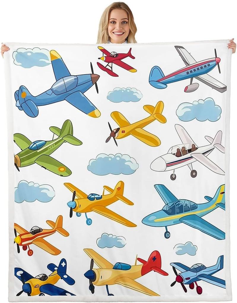 Colorful Airplane Blanket Soft Fleece Throw Kids Room Decor Aviation Theme Baby Gift Home Decoration