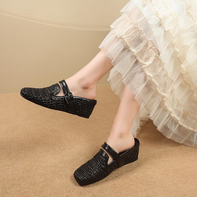 New Fashion Mesh Slippers Design Sandals for Women Square Toe Wedge Heel 5.5cm Belt Buckle Slip On Mules Leisure Shoes