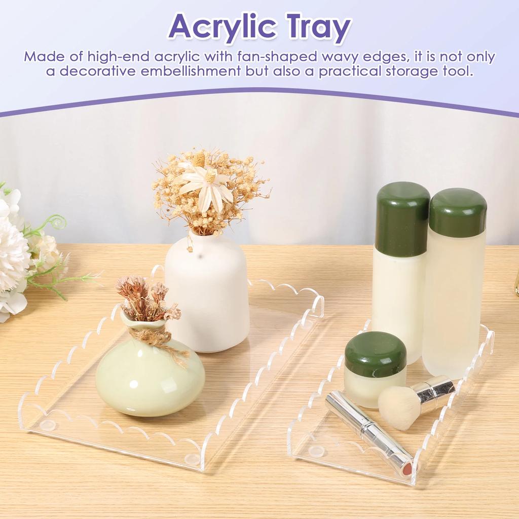 2Pcs Bathroom Tray Acrylic Transparent Tabletop Storage Tray Decorative Scalloped Vanity Tray for Bathroom Kitchen Living Room