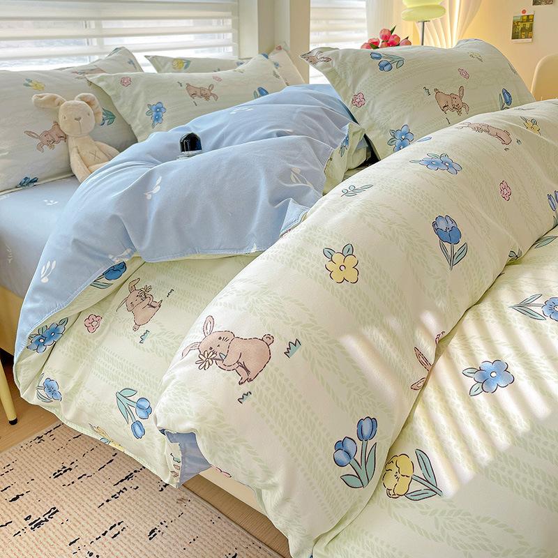 Class A Maternal And Infant Grade Small Fresh Pure Abraded Four-Piece Set Skin-Friendly Bed Sheet Washed Cotton Quilt Cover Student Dormitory 3Pcs Set