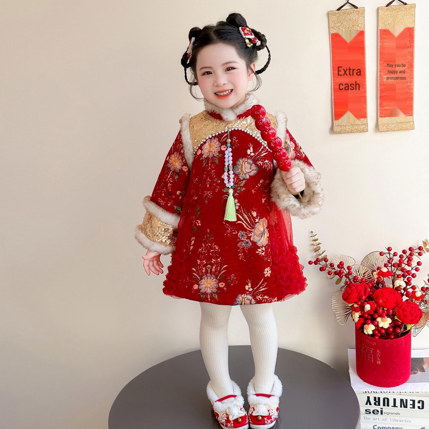 

Winter Festive Hanfu Qipao Skirt for Girls - Thickened New Year s Chinese Style Tang Suit Formal Wear 140 cm червоний