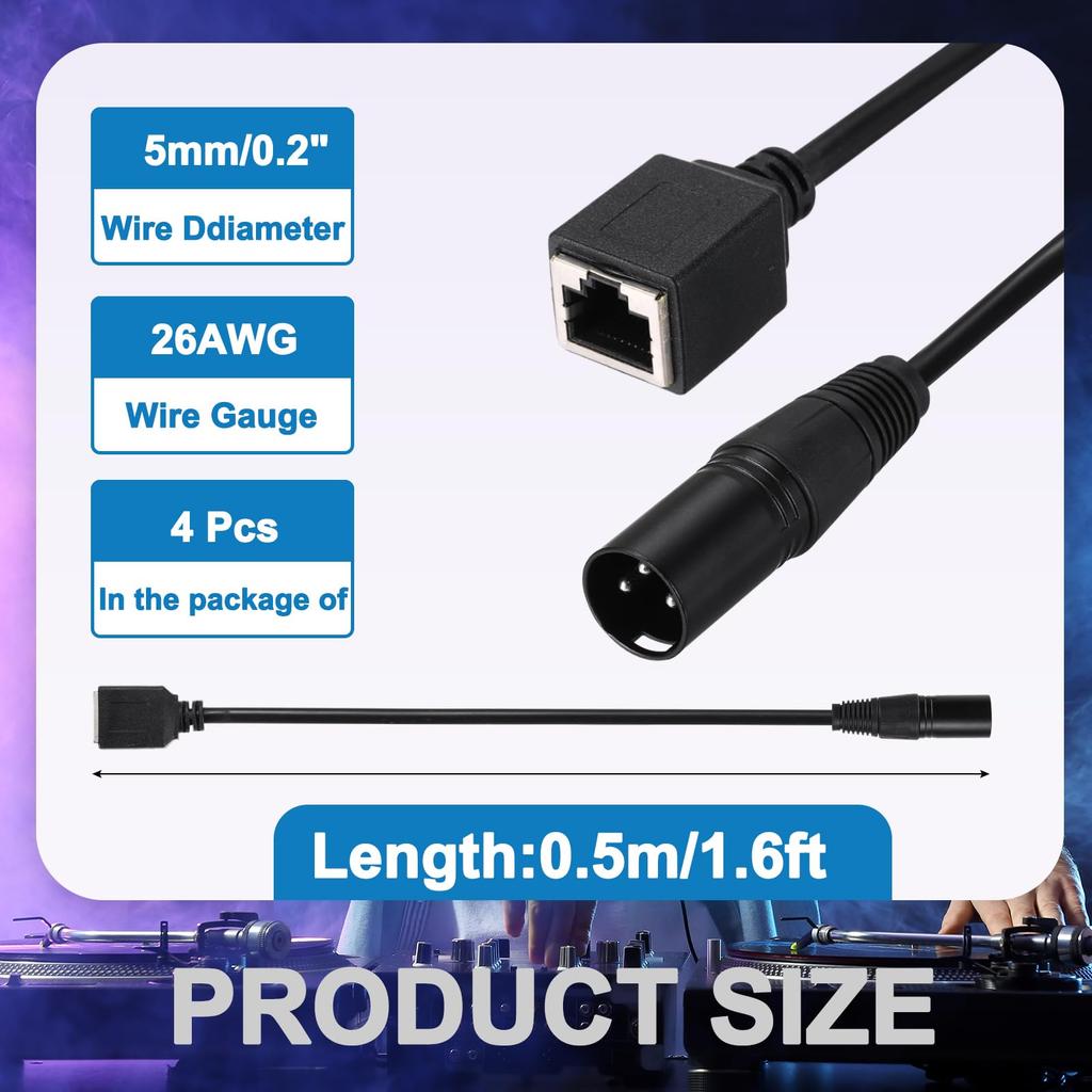 uxcell 3-Pin DMX512 XLR to RJ45 Female Adapter Cable 4-Pack 1.6ft Microphone Extension Cable Stage Studio Lighting