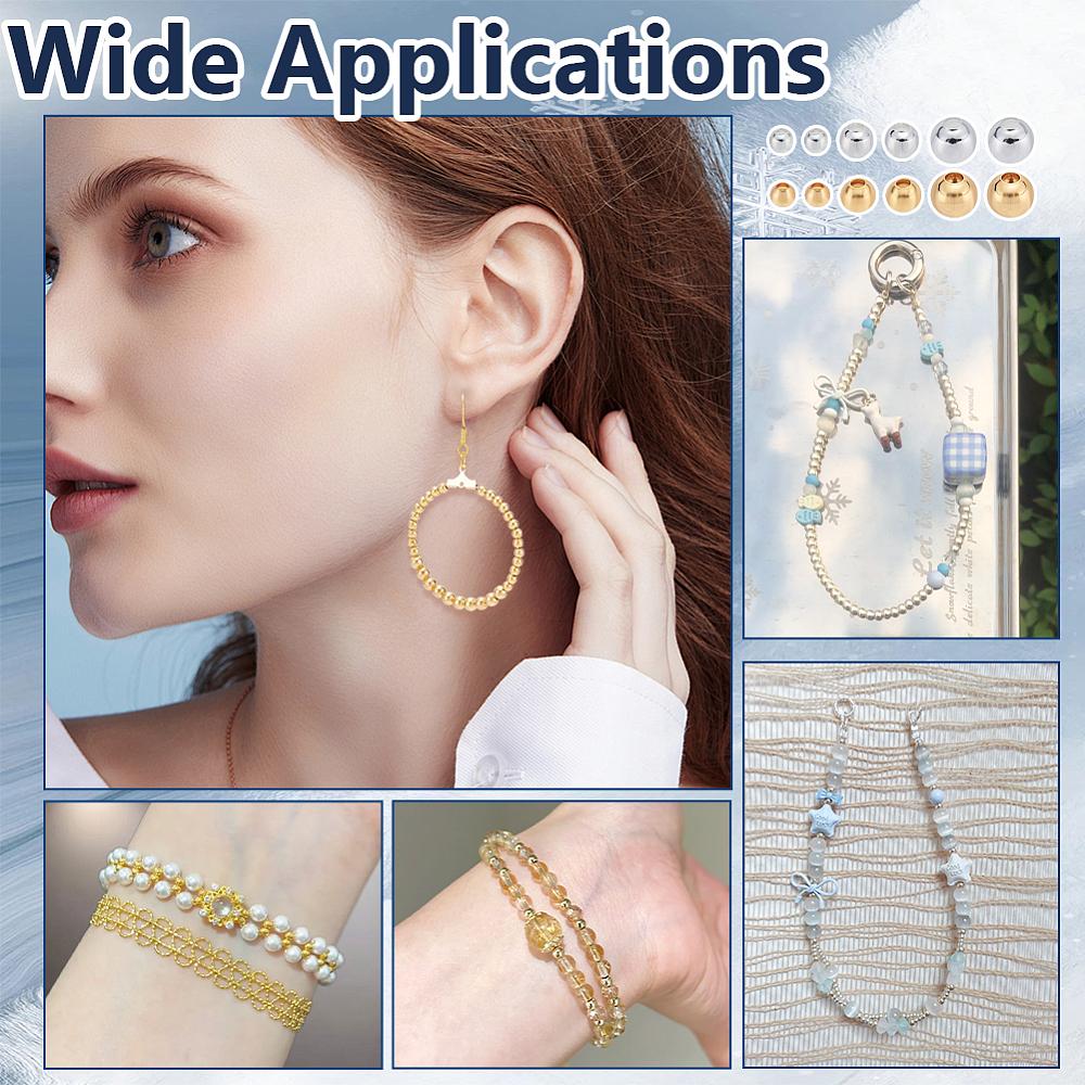 600Pcs 6 Styles Brass Beads, Round, Golden & Silver, 2~4x2~4x2~4mm, Hole: 1.5mm