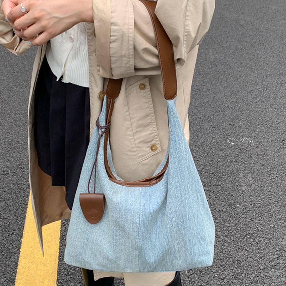 Harajuku Denim Tote Bag Korean Style Commuting Underarm Bag Leisure Canvas Shoulder Bag  Lady