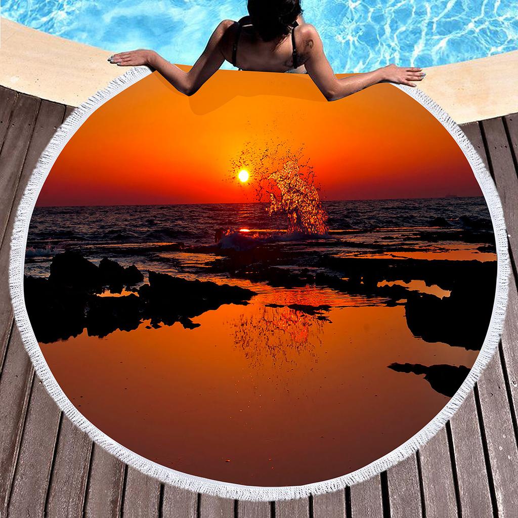 Sunset Landscape Round Beach Towel, Microfiber Beach Seawater Beach Blanket Lightweight Absorbent Circle Swim Towel with Tassels