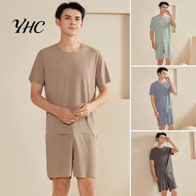 Loose Fit Pajama Set 2Pcs/Set Men Pajamas O-Neck Short Sleeve T-shirt Elastic Loungewear Waist Shorts Solid Color Home Clothing Suit Leisurewear