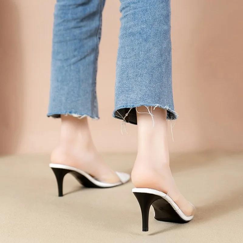 New Pointed Transparent Sexy Summer Slippers for Women 2024 Fashion Slim Heels Versatile Fashion Shoes for Women's