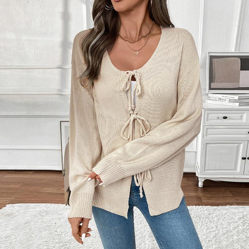 Elegant Lace Up Women Sweaters Solid Long Sleeve Round Neck Autumn New Knitted Casual Office Cardigans Tops S