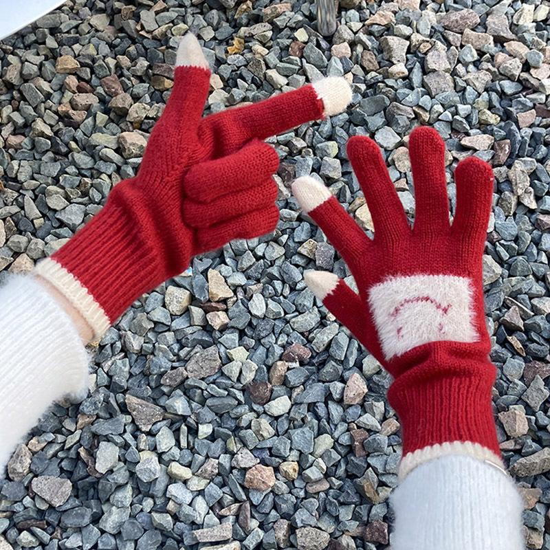 

Korean Style Cute Smiling Face Knitted Wool Gloves for Women with Thick Fingers Solid Color Touch Screen Warm and Cold Proof Gloves