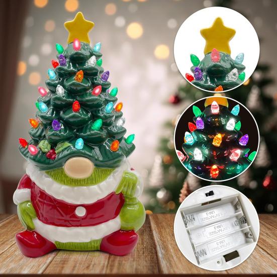 Yousheng 10 Inch Lighted Christmas Gnome Tree Resin Reindeer/Santa Dog Gnome Tree with LED Light for Home Office Fireplace Mantel Tabletop Decor