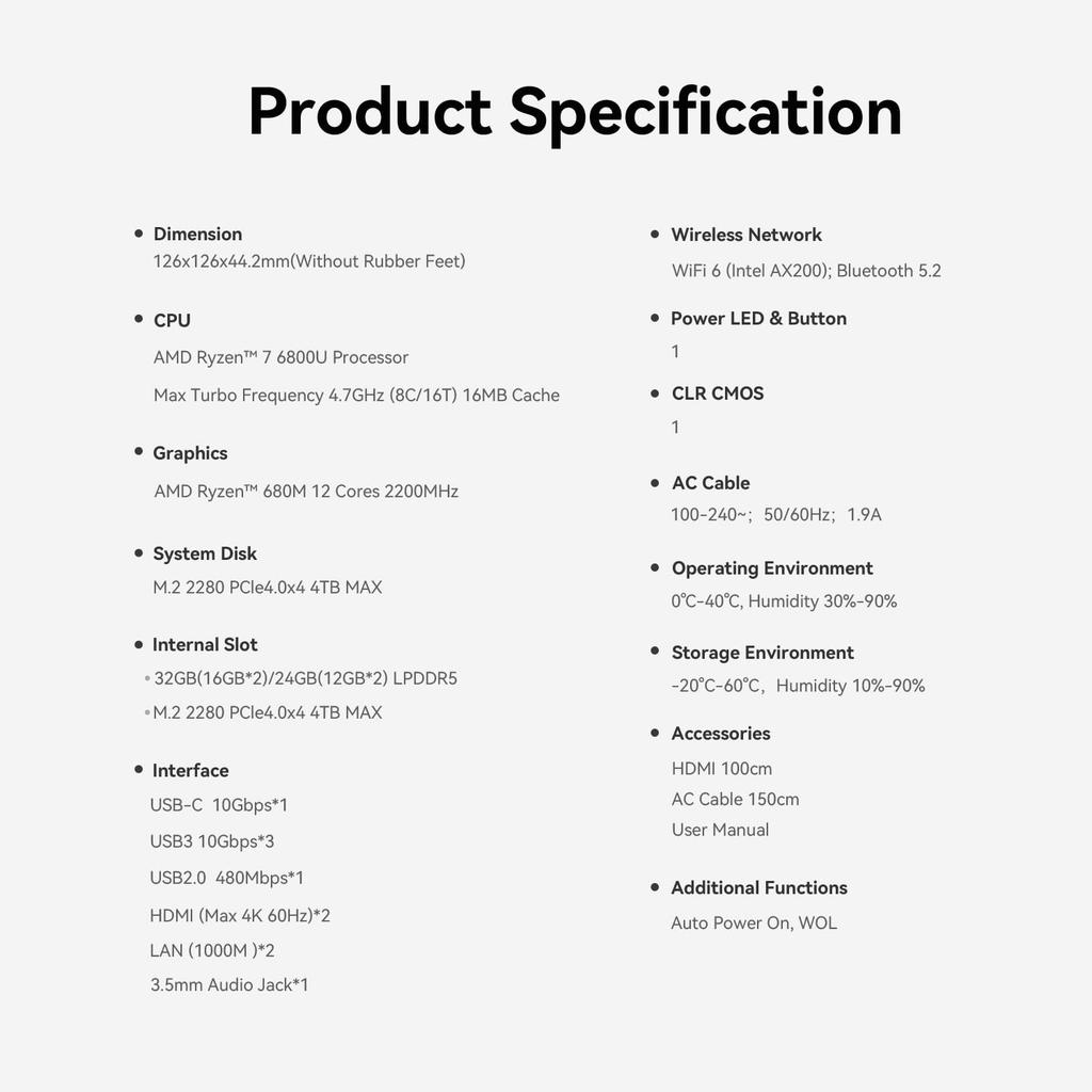 Beelink EQR6 6800U Mini unterstützt bis zu Dual Compact PC mit 24 GB 500 GB PCIe AMD Power 4K WiFi BT Air und Energiespar-PC, 4,7 GHz 8C/16T LAN, LPDDR5,