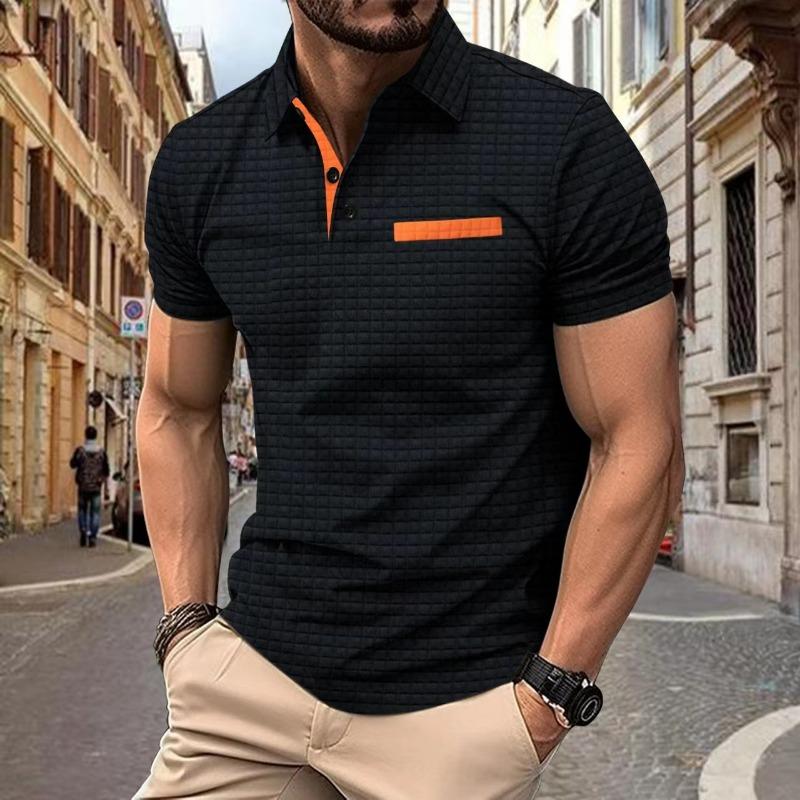 Mens Waffle Knit Contrast Collar Short Sleeve Pocket Polo Shirt S чёрный