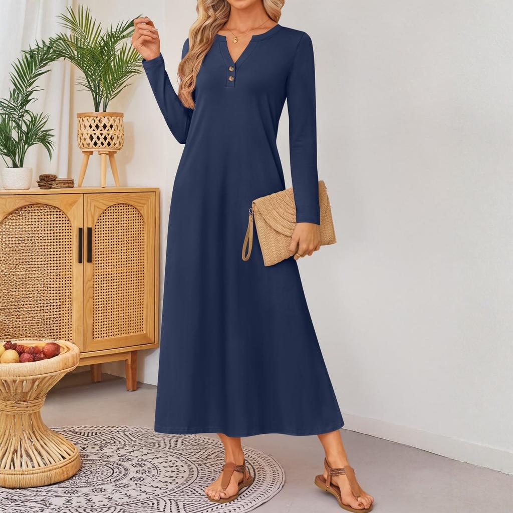 Women Solid-color Long-sleeved Comfortable Loose Dress, Elegant Dress