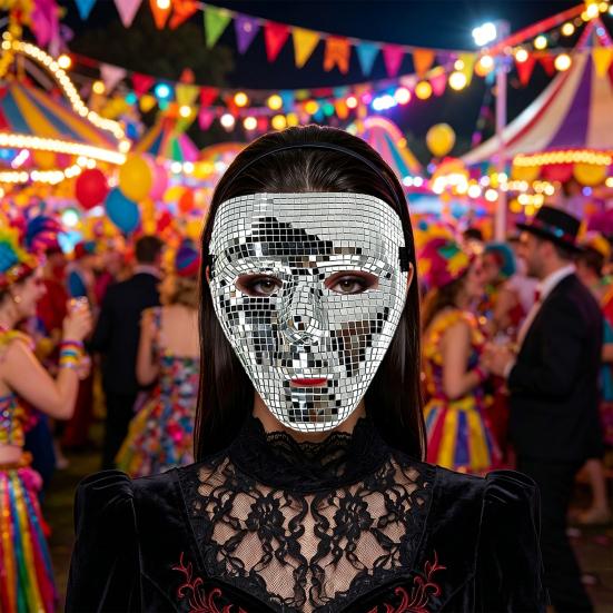 Lightweight Glitter Face Mask Halloween Disco Ball Mask, Breathable Mirror Mosaic Masquerade, Shiny Effect Party Costume for Dance Performance,