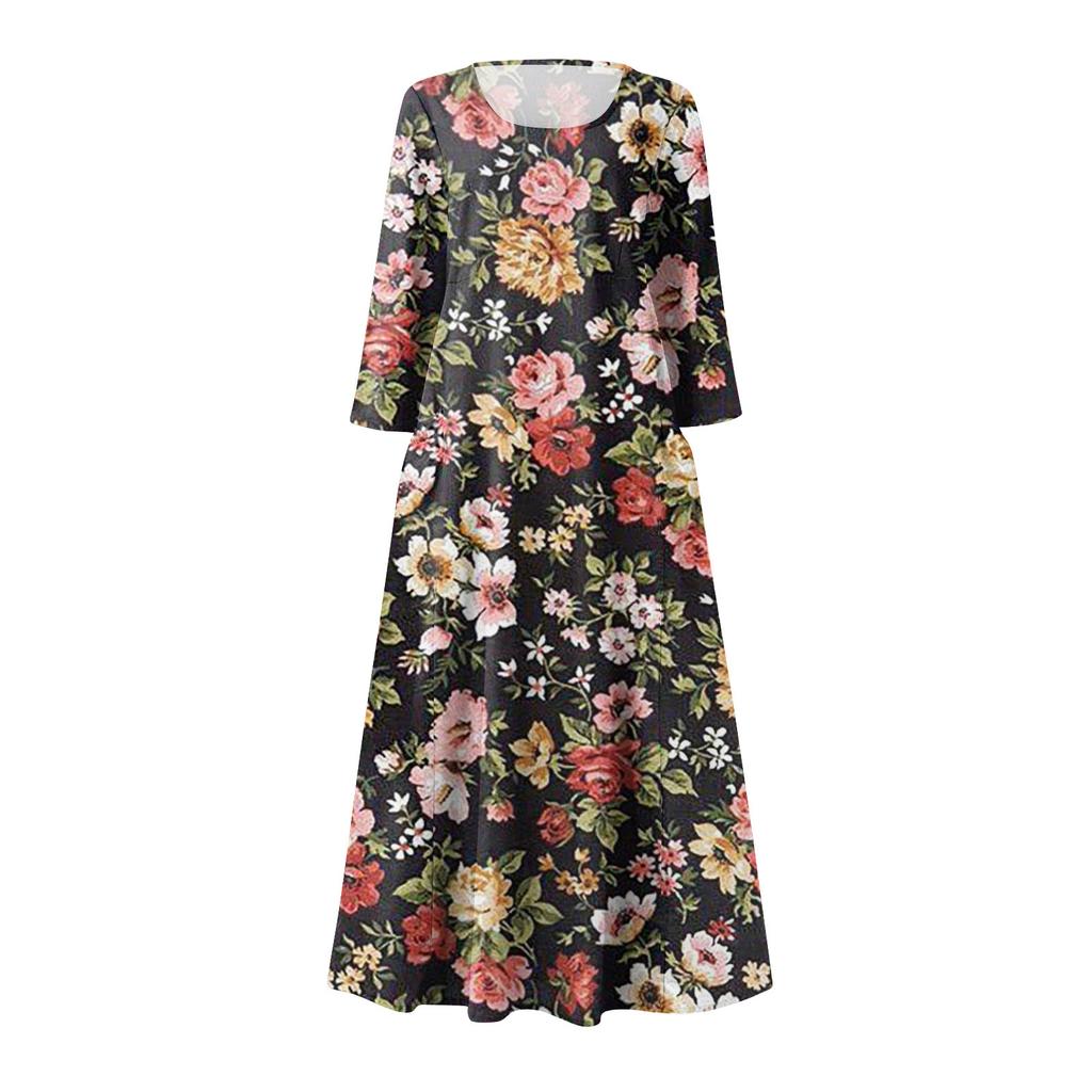 Women's Fashion Casual Print Round Neck 3/4 Sleeve Loose Pocket Dress
