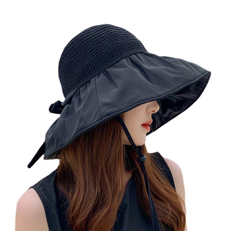 Summer  Women Bucket Hat Uv Protection Sun Hats Panama Cap Ponytail Caps