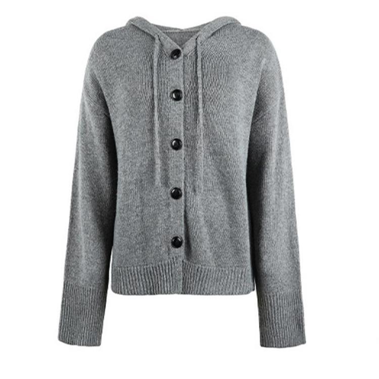 Women's Hooded Jacket with Solid Color Knitted Cardigan Drawstring