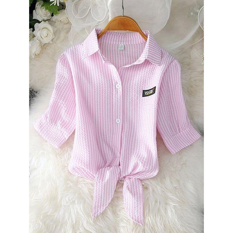 

Striped Tied Rope Bubble Sleeve Shirt Top Stripes Rope Puff Sleeve Shirt Red XL(XL)