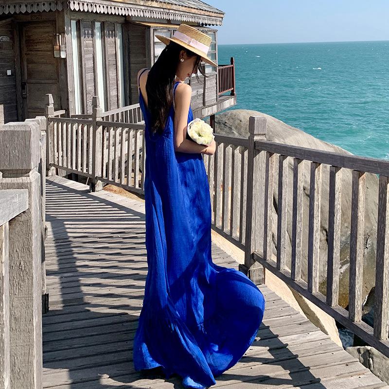 

Blue Beach Dress Summer Suspender Backless Thin Seaside Vacation Fairy Long Dress Fashion S