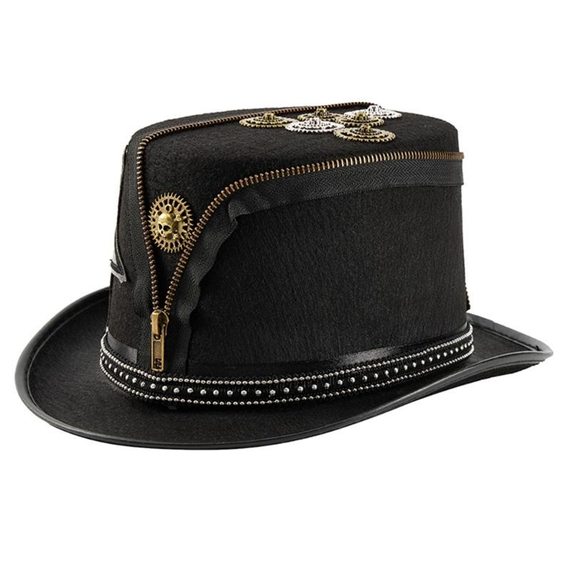 

Victorian Top Hat with Rivets and Zippered Design Gothic Cosplay Event Headwear for Masquerades and Stage Performances 1