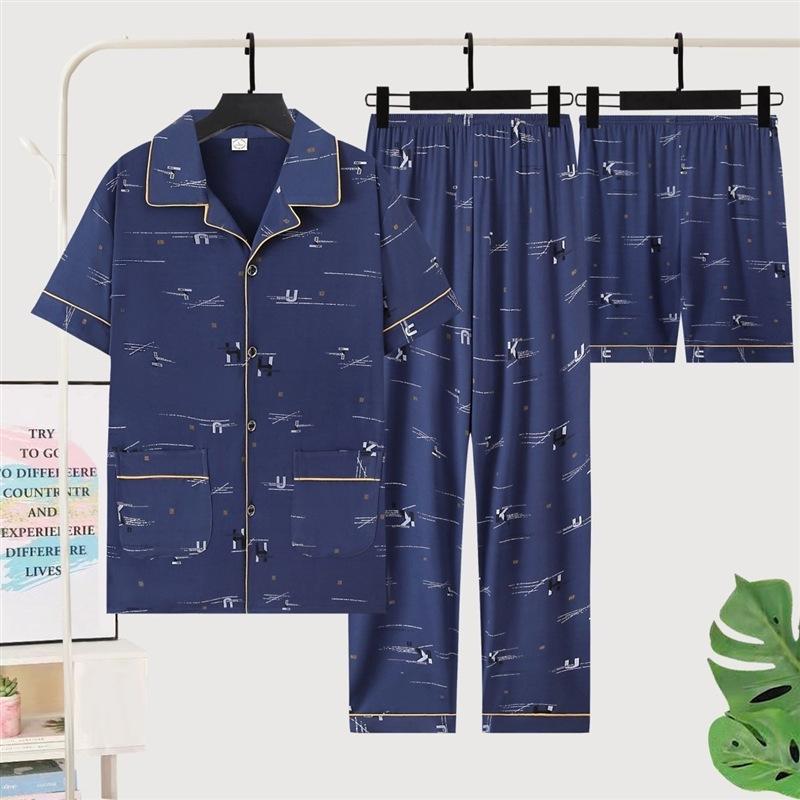 Pigiama da Uomo Abbigliamento da Casa Tre Pezzi Cotone da Uomo Primavera e Estate Maniche Corte Pantaloncini Pigiama Leggero Set Abbigliamento da Casa