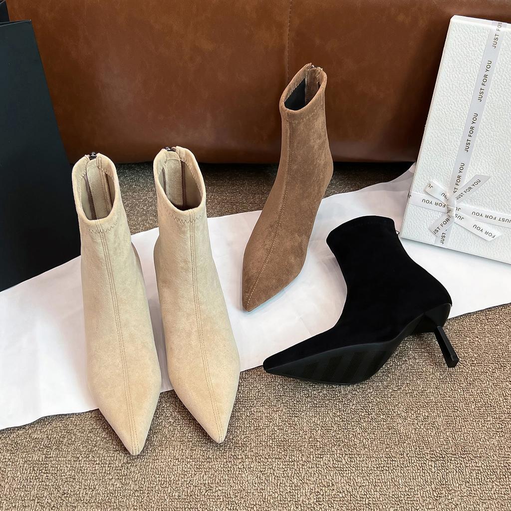 2026 autumn and winter new pointed thin heel high heel temperament thin French sexy beautiful women's short boots