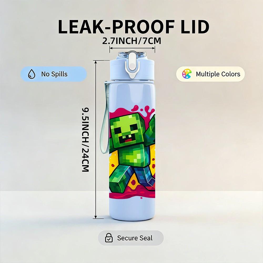 1PC Green Zombie Cartoon Print 750ml Color Plastic Sports Water Bottle Leakproof Flip Straw Lid Suitable for Sports Office Home Use