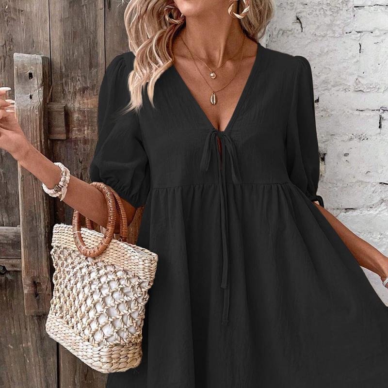 Elegant Loose-Fitting Woven Dress With A Deep V-Neck Design Chest Tie And A-Line Skirt