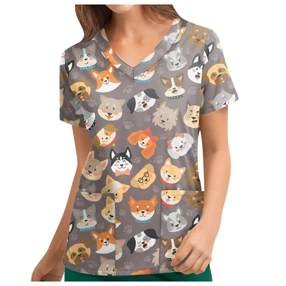 Summer V Neck Scrub Top Women Printed Work Uniform Shirt Short Sleeve Tops Uniform Blusas Nursing Dress Nurse Tunic Uniform