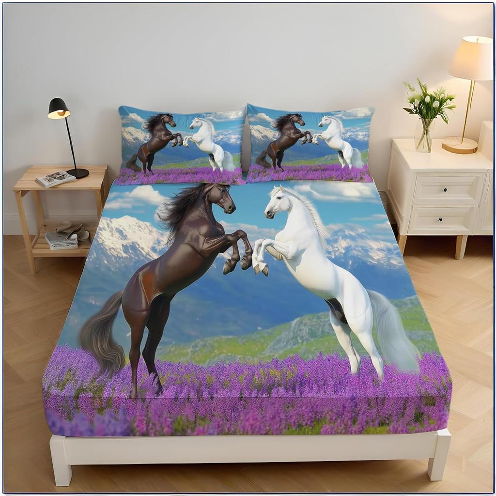 Single Fitted Sheets,Microfibre Fitted Bed Sheets Set, 30 cm Deep Pocket Fitted Sheet,Horse Print Bedsheets with Pillowcase