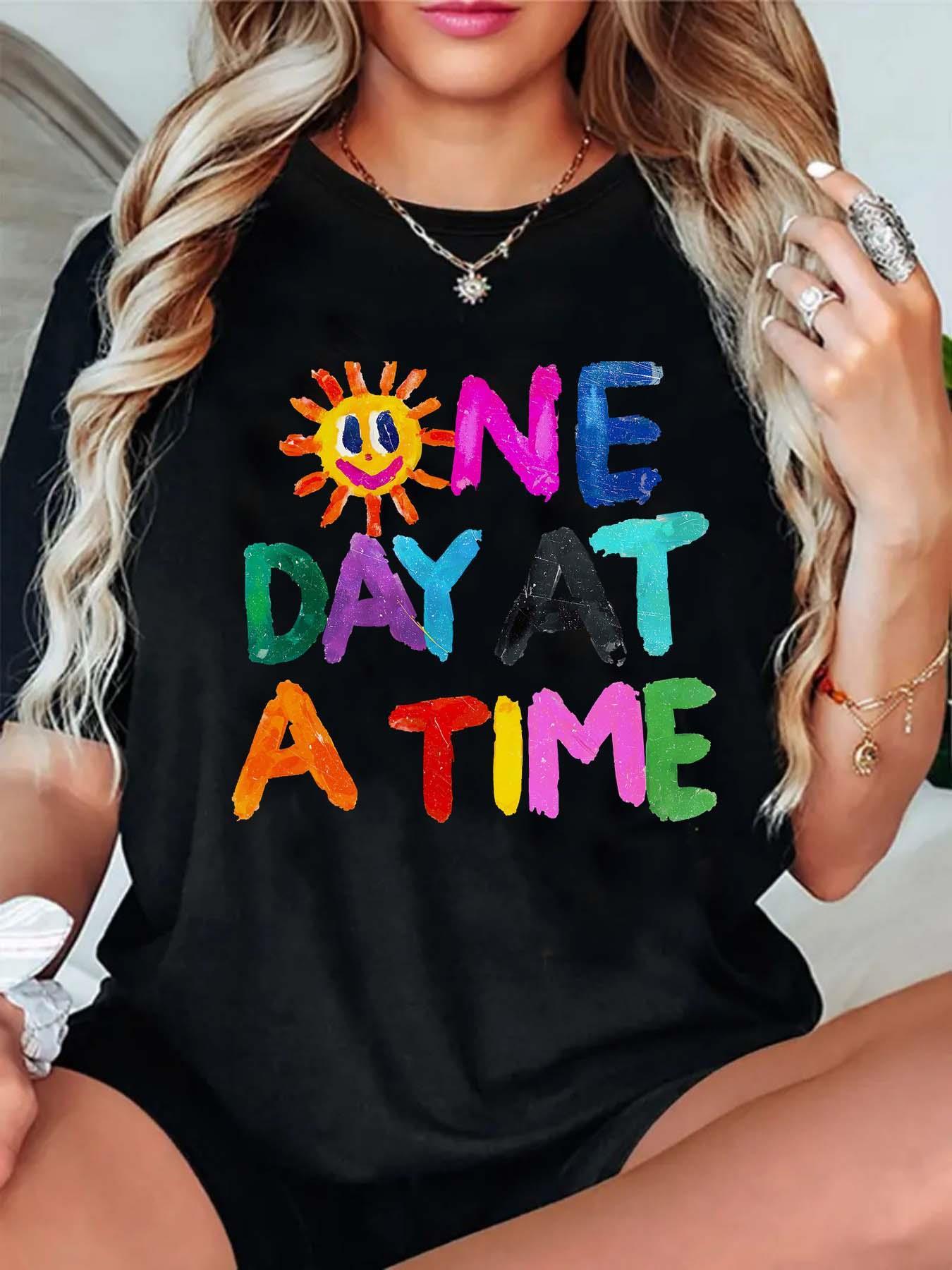 

WomenS Casual TShirt with One Day At A Time Colorful Geometric Print Harajuku Short Sleeve Casual Aesthetic Clothes S