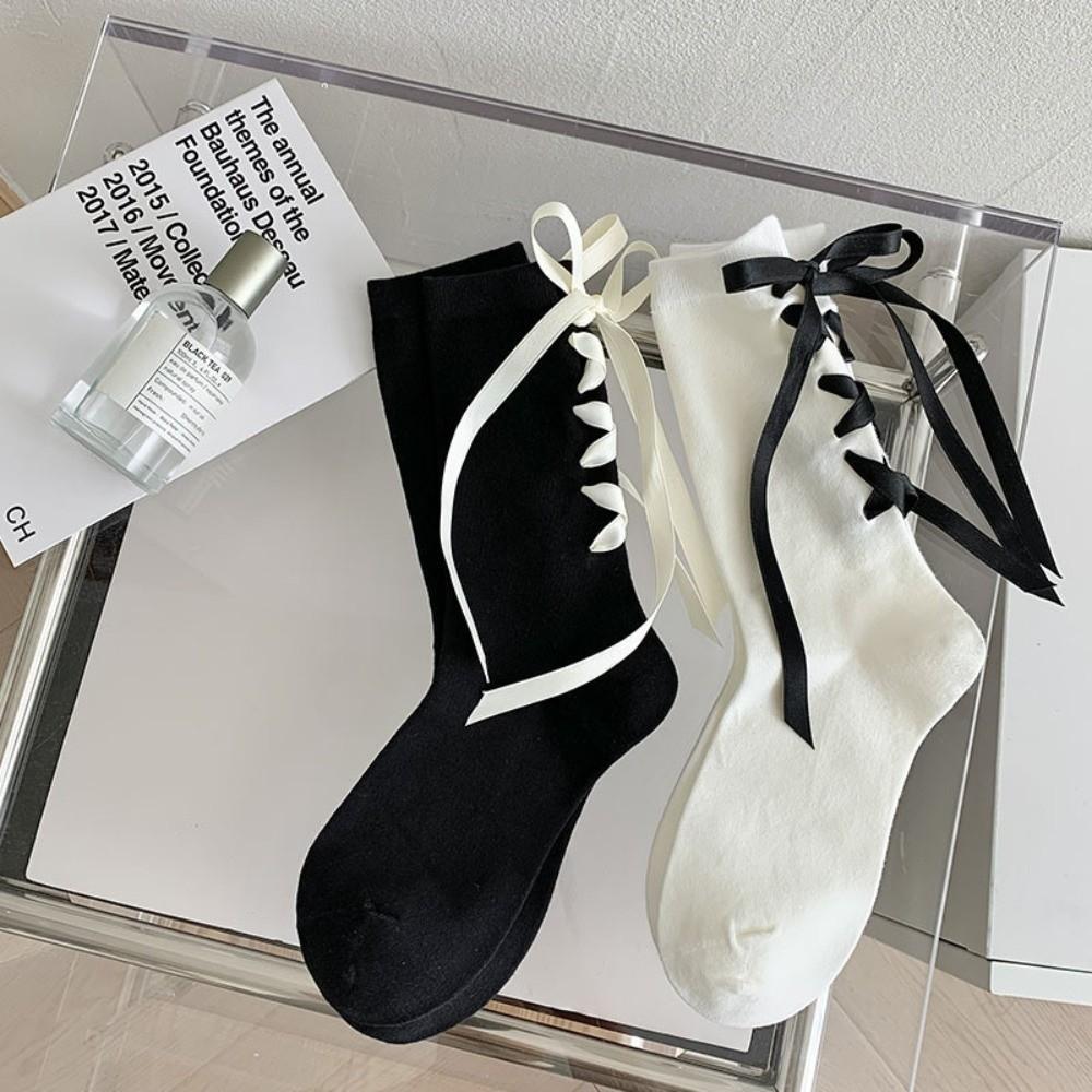 Cotton Japanese JK Bow Socks Thickened Comfortable Cute Warm Socks Black White Versatile Strap Bow Tie Stockings