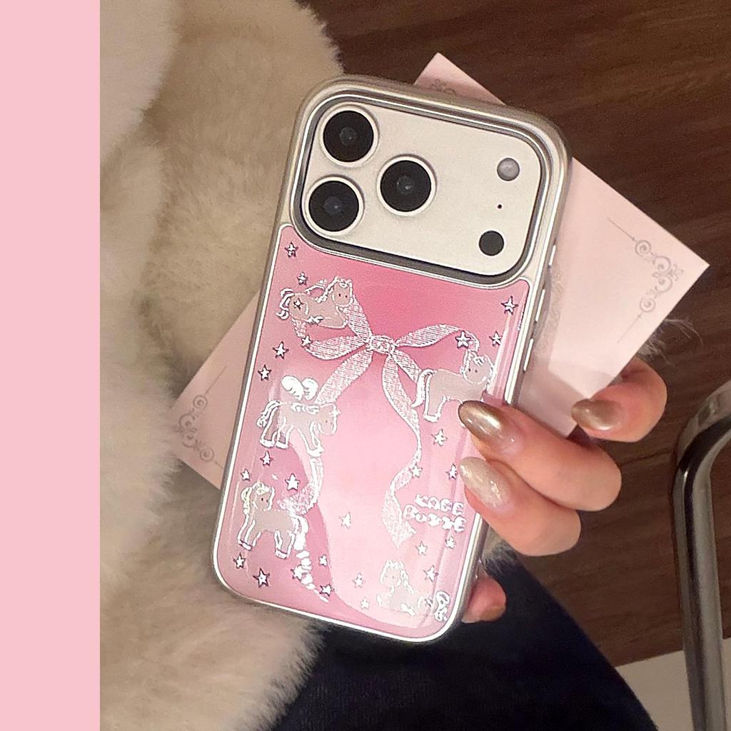 Gilded Pink Bow Electroplated Phone Case for iPhone 17 Pro Max, Apple 16 Compatible, Small Horse Design