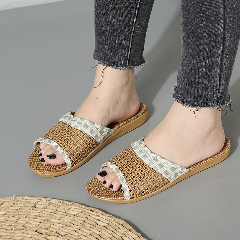 Woven Rattan Slippers With Soft Linen Lining, Casual Open Toe Slip On Shoes, Comfortable Indoor Home Slides