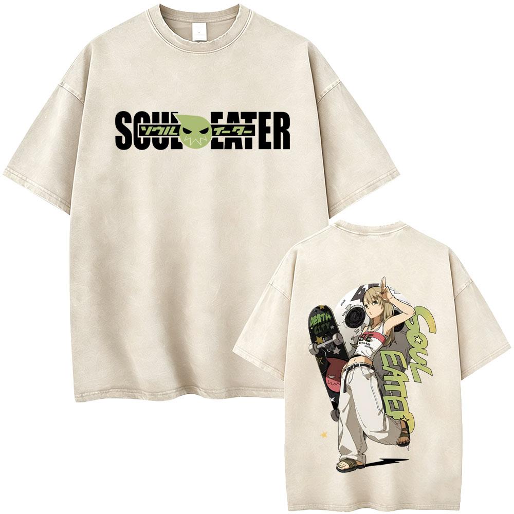 Washed Vintage Anime Soul Eater Maka Albarn Soul Evans Graphic Tshirt Mens Retro Manga T Shirts Men Cotton Oversized Tshirts