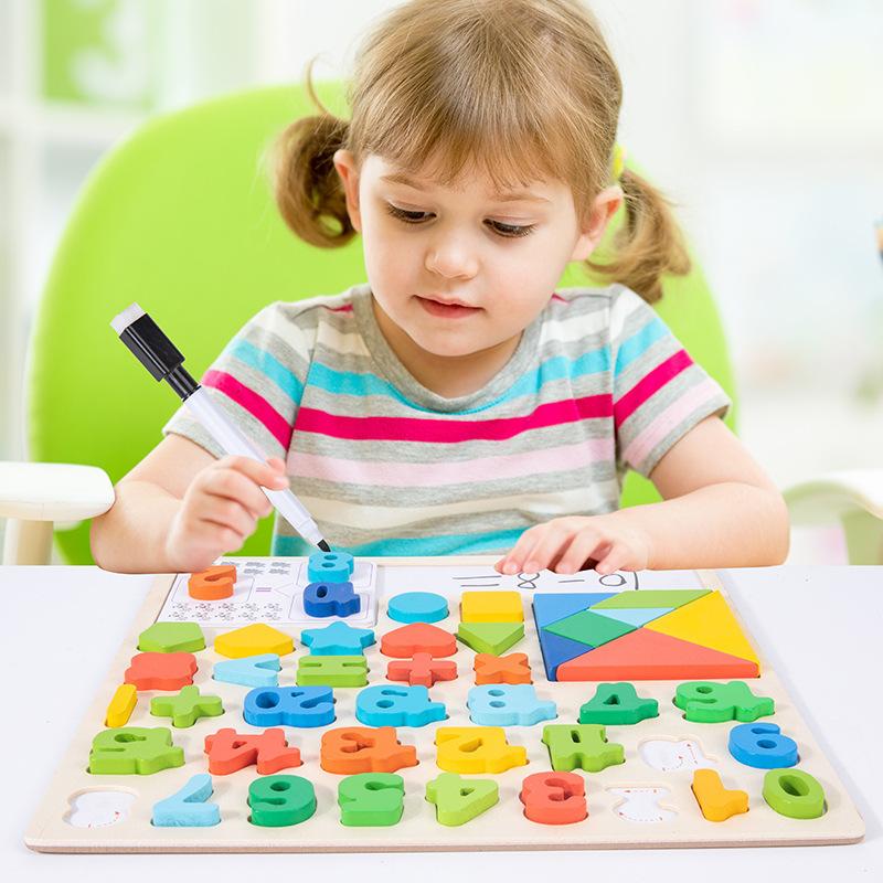 Children's Numbers Letter Matching Board Baby Shape Cognition Number Operation Tangram Puzzle Educational Wooden Toy