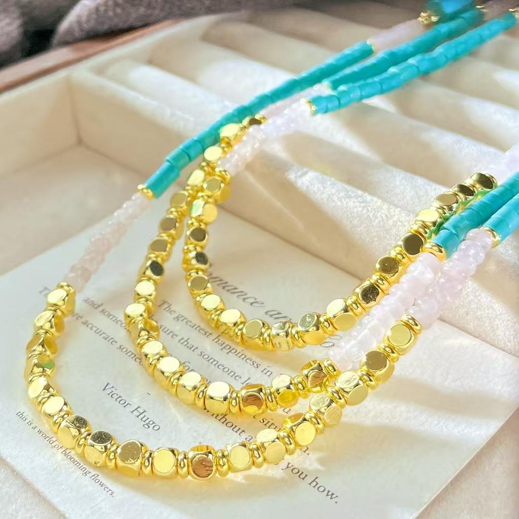 Vintage Design Powder Crystal Artificial Turquoise Sweater Chain Necklace Collarbone Chain