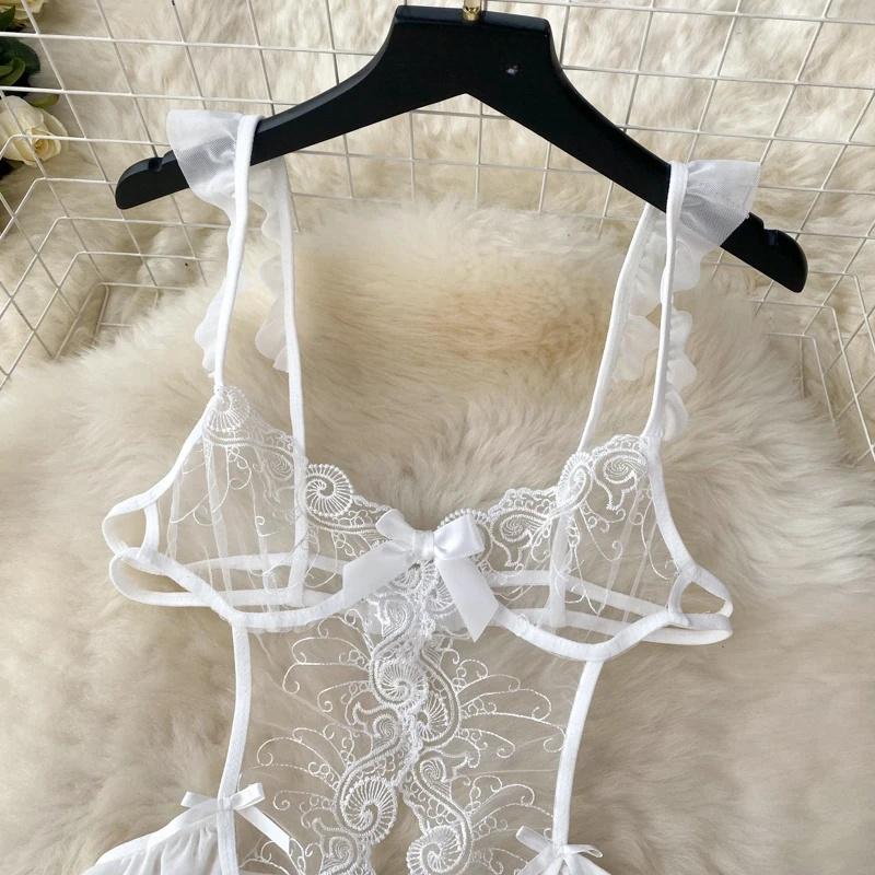 Ruffle Sexy Transparent Lace Strap Playsuit Backless Slim Bow Layered Mesh Mini Skirt Lingerie Women Pajama Hot Sheer Catsuit
