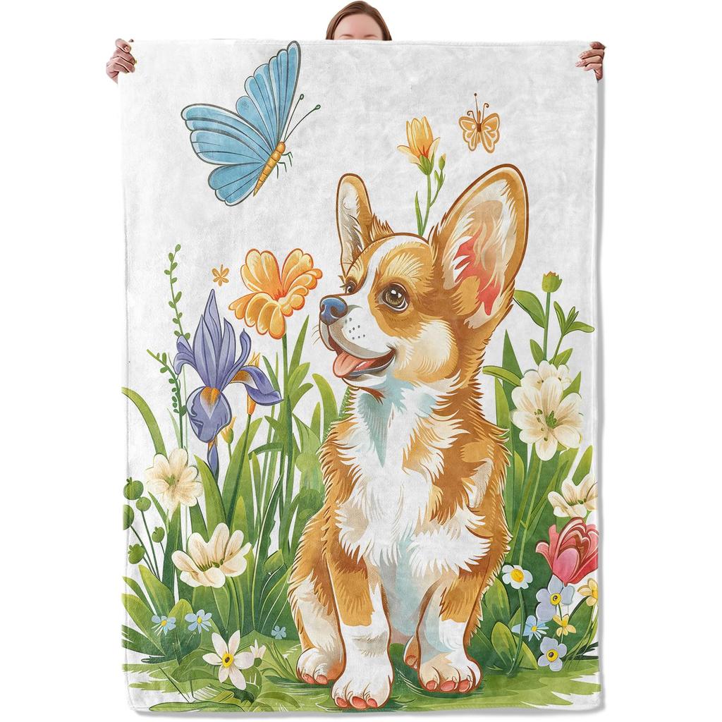 Cute Pet Corgi Dog Throw Blanket Fuzzy Soft Cozy Warm Lightweight Plush Fleece Flannel Blanket for Couch Bed Sofa Home Decor