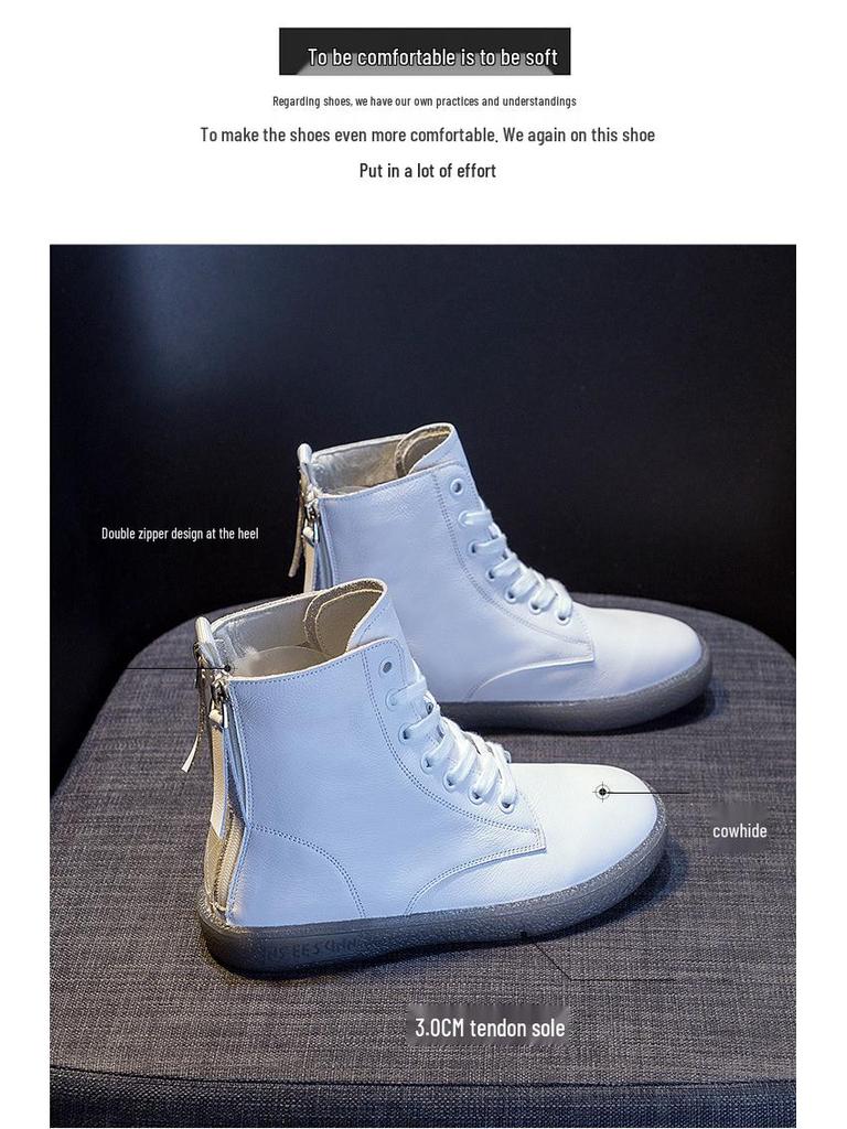Women's Plus Size High-Top White Martin Boots - 2025 Versatile Autumn/Winter Flat-Bottom with Thickened Fleece and Double Zippers.