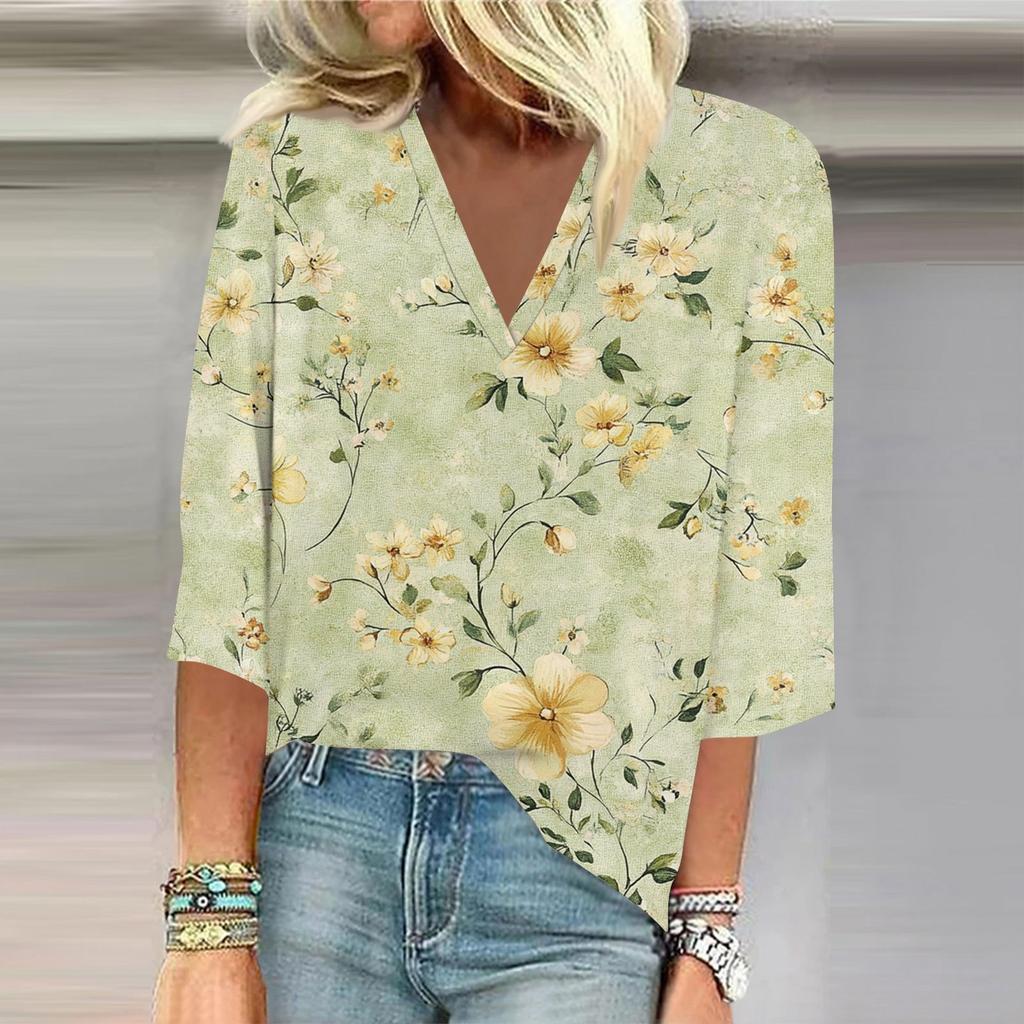Women's Shirt Blouse Casual Loose Shirts 3/4 Sleeve Print V Neck Tops Print Tops T-shirts Tee