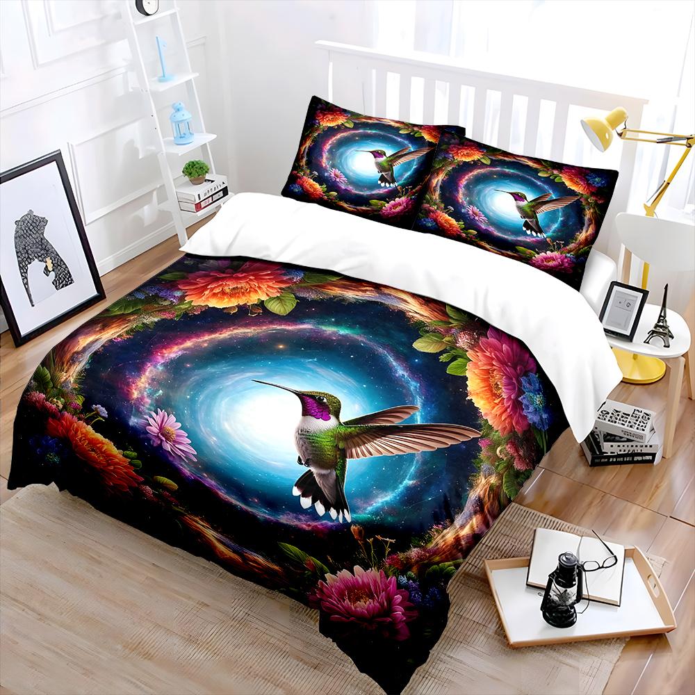 Dreamy Floral Ring and Dancing Hummingbird Print Soft Comfortable Duvet Cover Bedding Set Included 1*Duvet Cover 2*Pillowcases