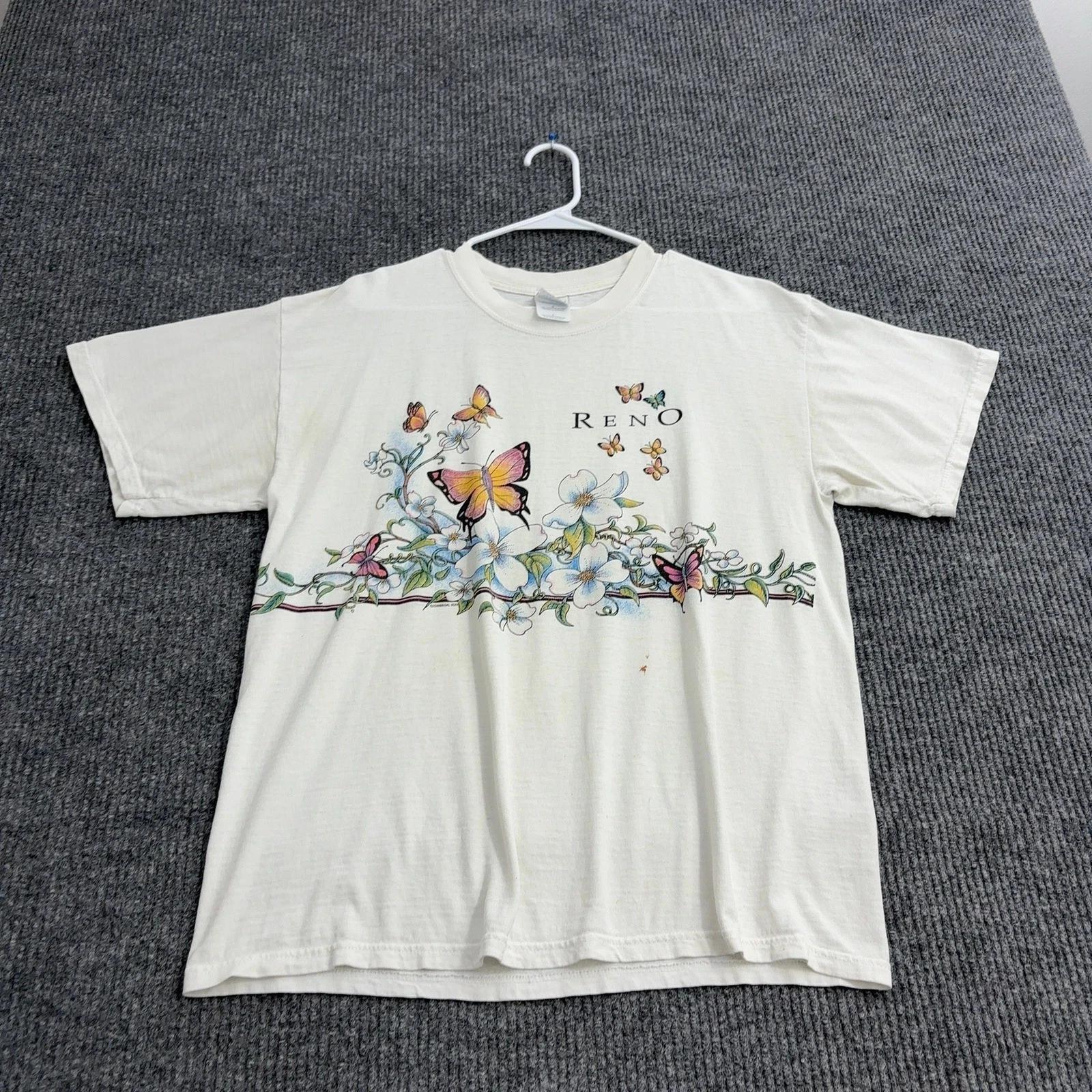 

Vintage Reno Gildan T Shirt Men L White Cotton Butterfly Floral Graphic Souvenir 2XL